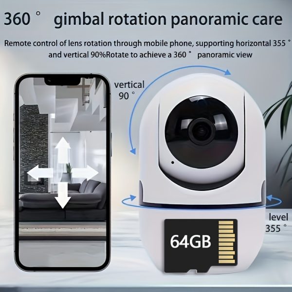 1 1080P Home Wireless Network Camera for Mobile Remote Live Viewing, Video Playback, 355-Degree Panoramic View, Night Vision, Two-Way Audio Communication, Easy Installation, Smart Surveillance Camera + 64GB Memory Card - Image 2