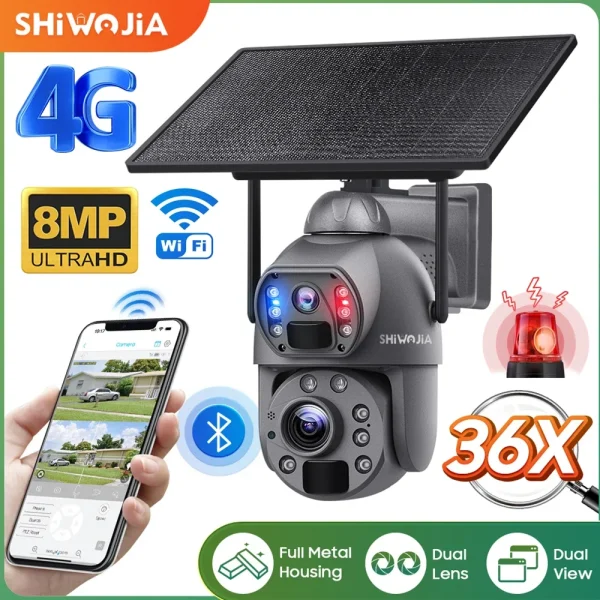 SHIWOJIA 36X ZOOM 8MP 4G SIM Solar Camera Outdoor 360° Wireless WIFI Battery Security Cameras with Solar Panel PIR Night Vision - AliExpress