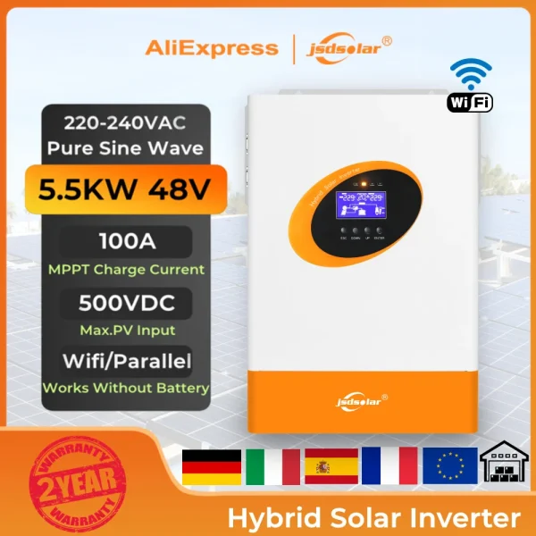 New jsdsolar 5.5KW Hybrid Solar Inverter 48V 220V MPPT 100A Solar Charger Pure Sine Wave Solar Inversor With Parallel& WIFI