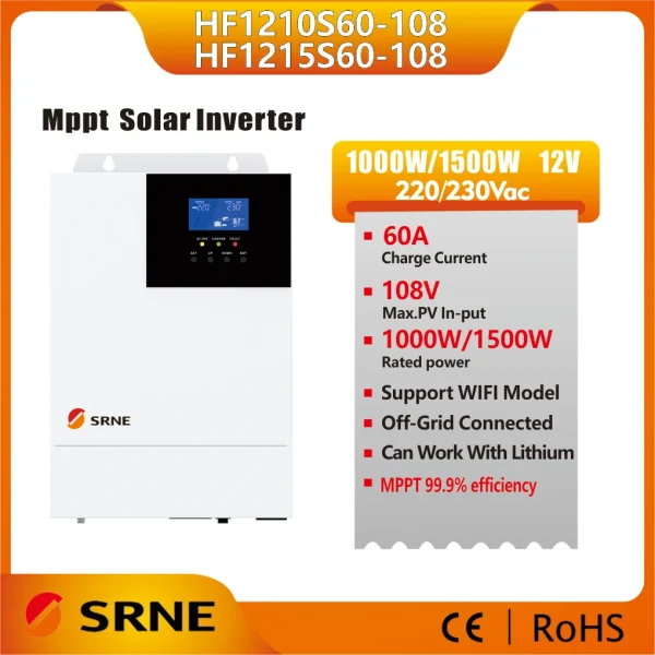 SRNE 1KW/1.5KVA MPPT 60A12V 220/240V Off-Grid Solar inverter PV  Max Input 108VDC For Solar Dc to Ac Pure Sine Wave Power System