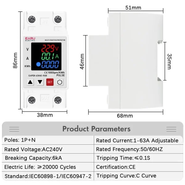 AC 63A 230V 3IN1 Display Din Rail Adjustable Over Voltage Current Under Voltage Protective Device Protector Relay KWH Power Mete - AliExpress 13 - Image 2