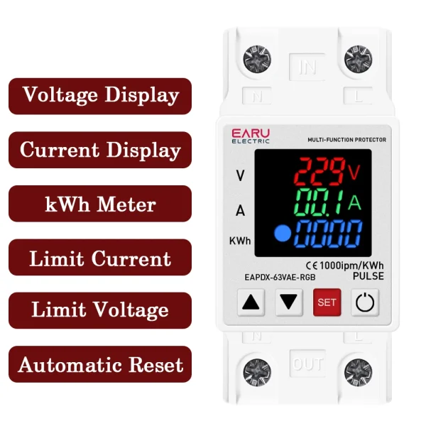 AC 63A 230V 3IN1 Display Din Rail Adjustable Over Voltage Current Under Voltage Protective Device Protector Relay KWH Power Mete - AliExpress 13 - Image 3