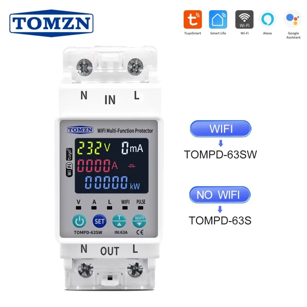 TOMZN 2P 63A 110V 220V TUYA WIFI Smart Switch Kwh Metering Circuit Breaker Timer with voltage current and leakage protection