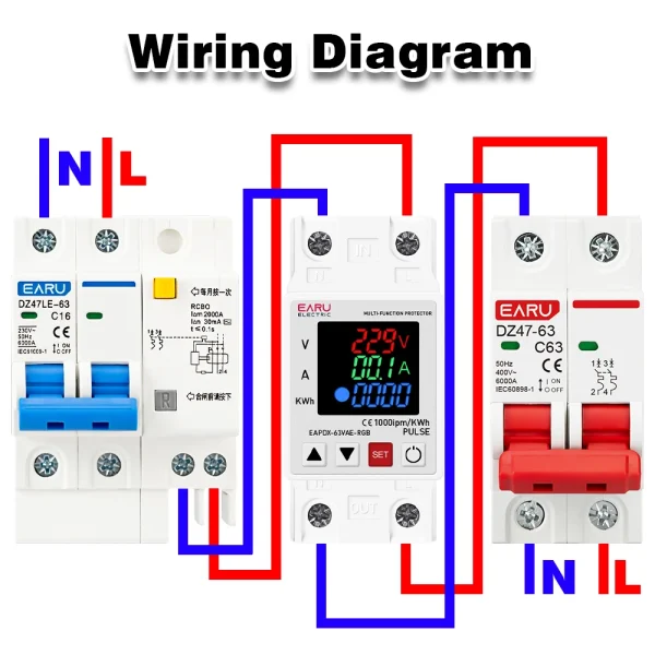 AC 63A 230V 3IN1 Display Din Rail Adjustable Over Voltage Current Under Voltage Protective Device Protector Relay KWH Power Mete - AliExpress 13 - Image 6