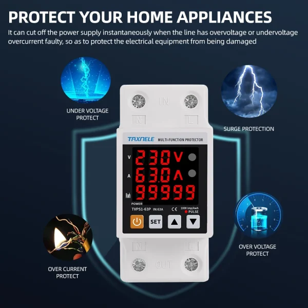 230V 63A 3IN1 Display Din Rail Adjustable Over Under Voltage Surge Protector Relay Over Current Protection Kwh Power Meter - Image 3