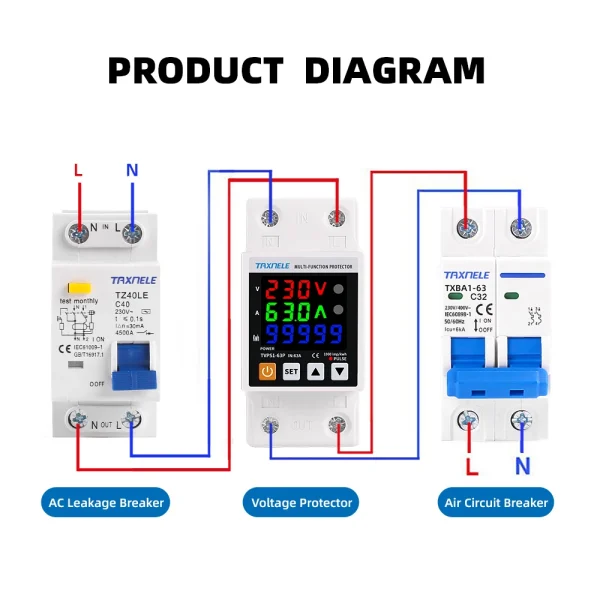 230V 63A 3IN1 Display Din Rail Adjustable Over Under Voltage Surge Protector Relay Over Current Protection Kwh Power Meter - Image 6