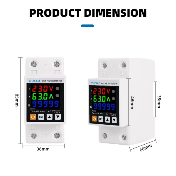 230V 63A 3IN1 Display Din Rail Adjustable Over Under Voltage Surge Protector Relay Over Current Protection Kwh Power Meter - Image 5