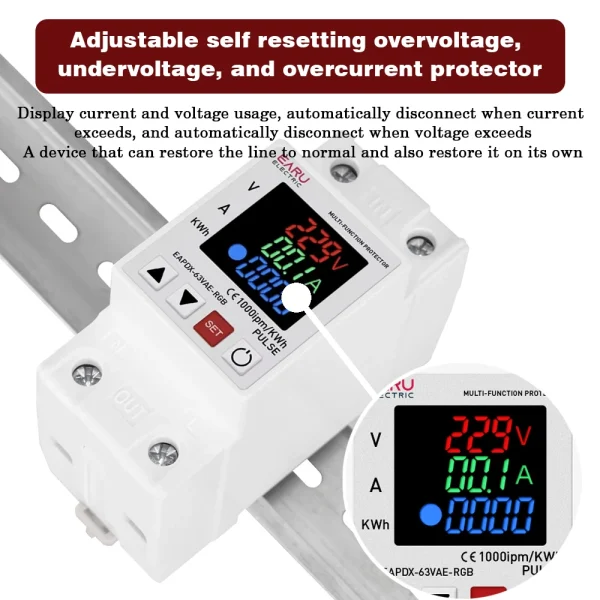 AC 63A 230V 3IN1 Display Din Rail Adjustable Over Voltage Current Under Voltage Protective Device Protector Relay KWH Power Mete - AliExpress 13 - Image 4