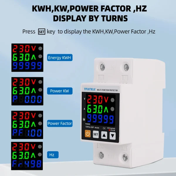 230V 63A 3IN1 Display Din Rail Adjustable Over Under Voltage Surge Protector Relay Over Current Protection Kwh Power Meter - Image 2