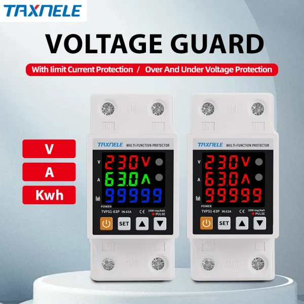 230V 63A 3IN1 Display Din Rail Adjustable Over Under Voltage Surge Protector Relay Over Current Protection Kwh Power Meter