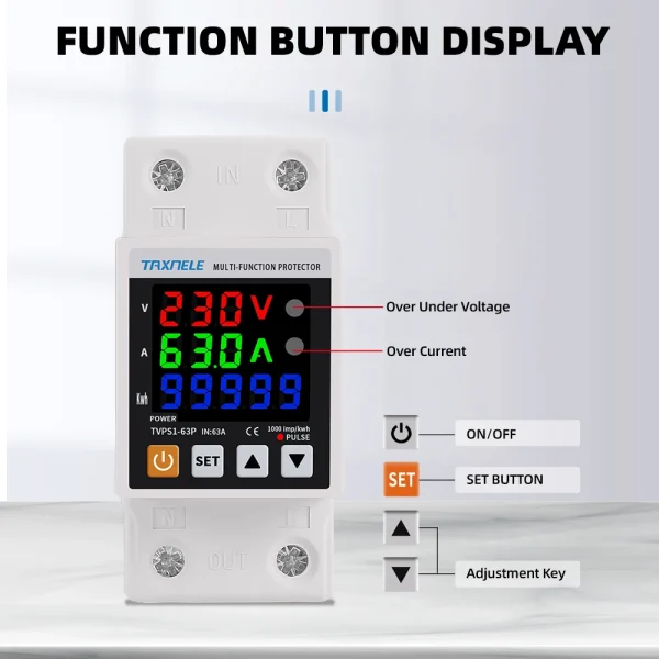 230V 63A 3IN1 Display Din Rail Adjustable Over Under Voltage Surge Protector Relay Over Current Protection Kwh Power Meter - Image 4